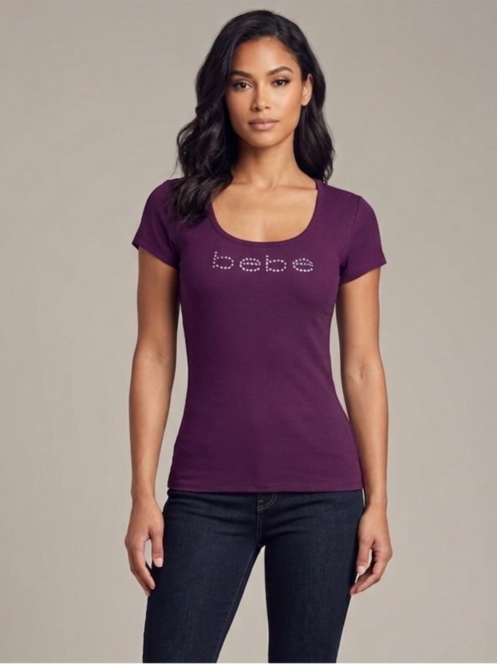 New Bebe Crystal logo scoop neck short sleeve Top Tee plum Color size M